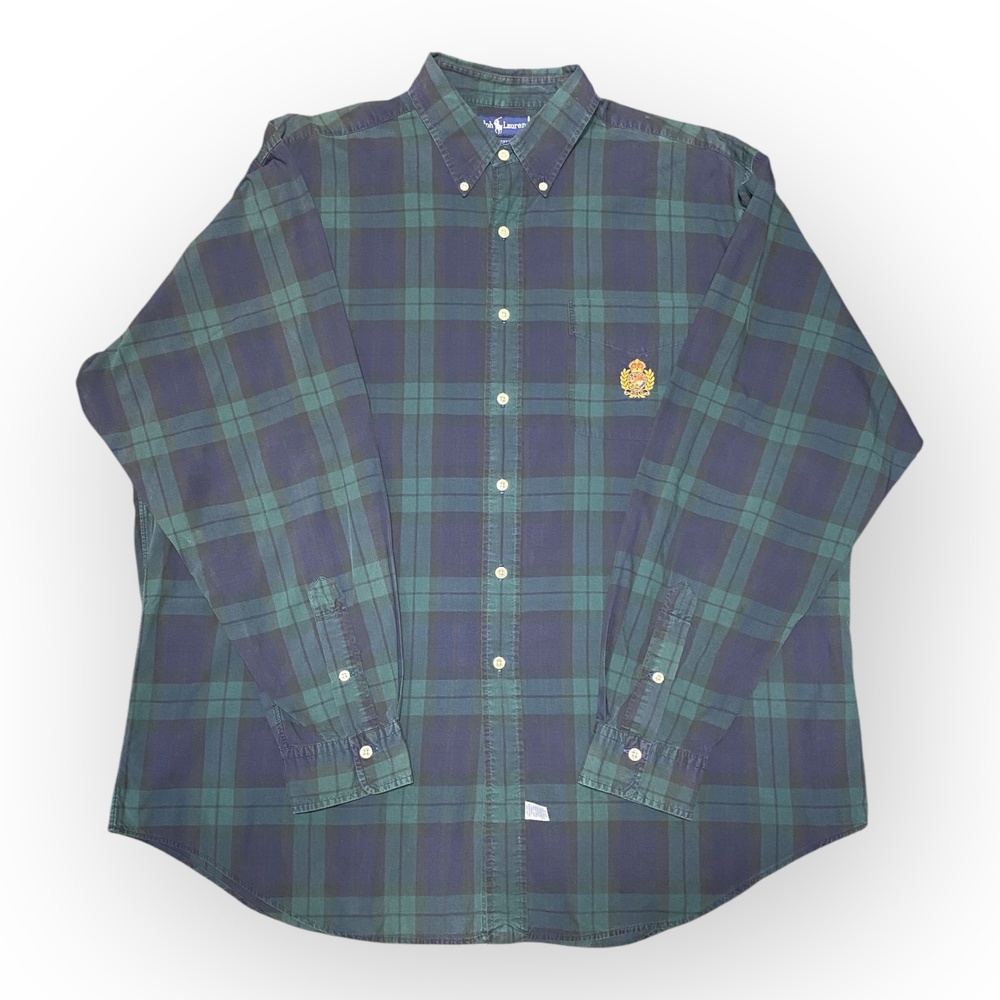 Ralph Lauren Vintage Button Down Shirt XL Green Navy Plaid Polo Crest Cotton
